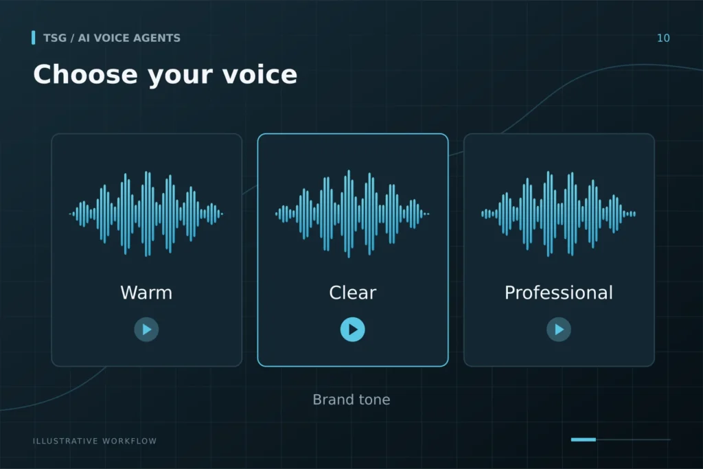 Voice options: Choose your voice, Warm, Clear, Professional, Brand tone.