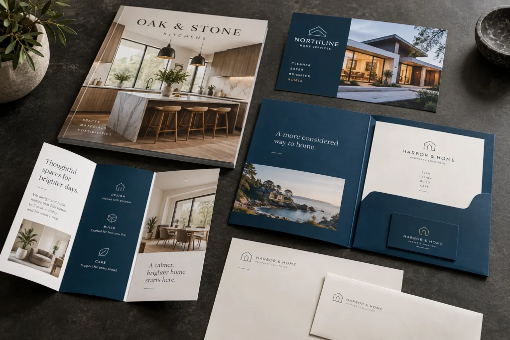 Finished catalogs, postcards, a presentation folder, a brochure and matching stationery.