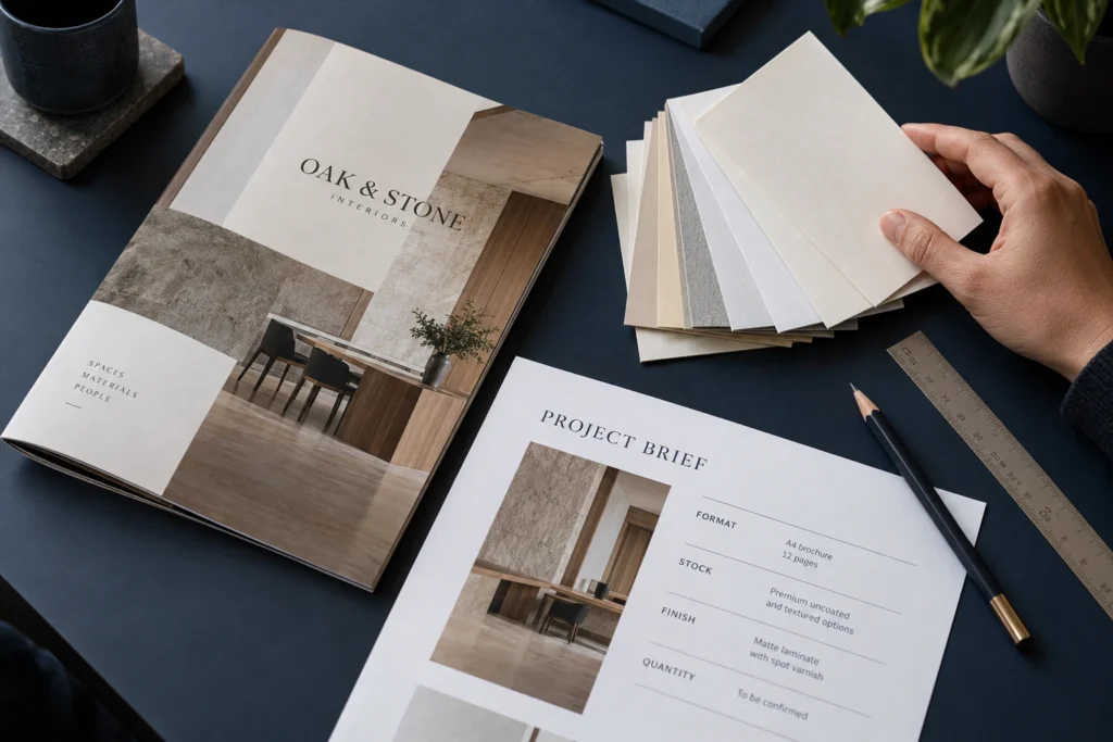 Paper samples, a brochure and a print project brief on a planning desk.