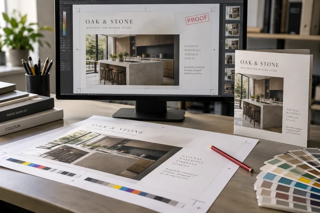An architectural brochure proof on screen beside the matching printed proof.
