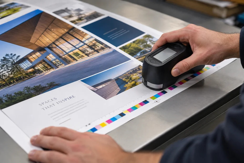 A handheld color measurement device checking a printed brochure control strip.