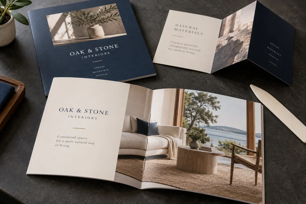 A saddle-stitched booklet, folded brochure and finished catalog on a bindery table.