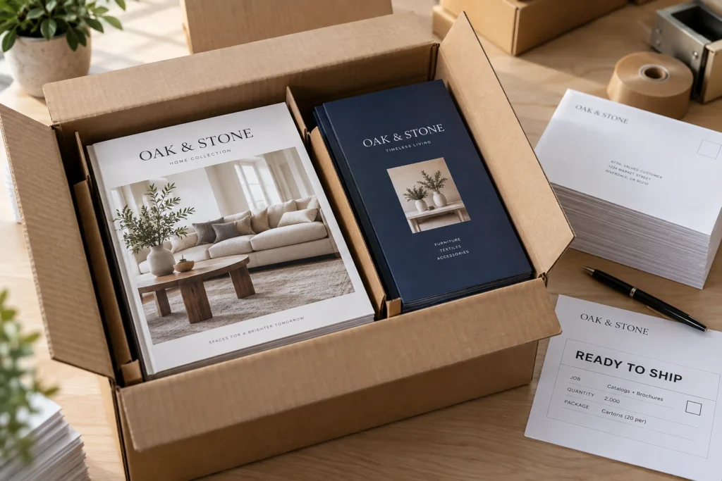 Catalogs and brochures packed in a divided shipping carton beside sample envelopes.