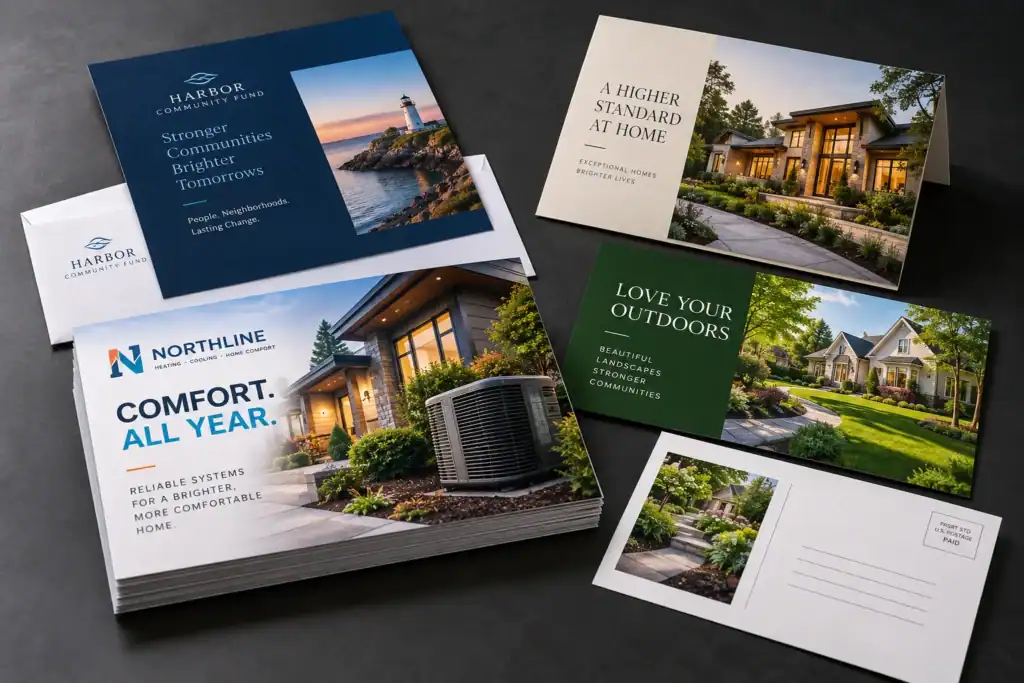 Premium direct mail postcards, letter packages and folded mailers.