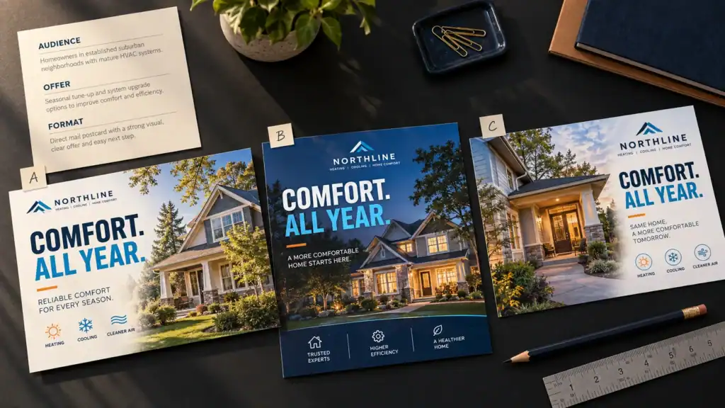 Three sample postcard concepts with a campaign planning brief.