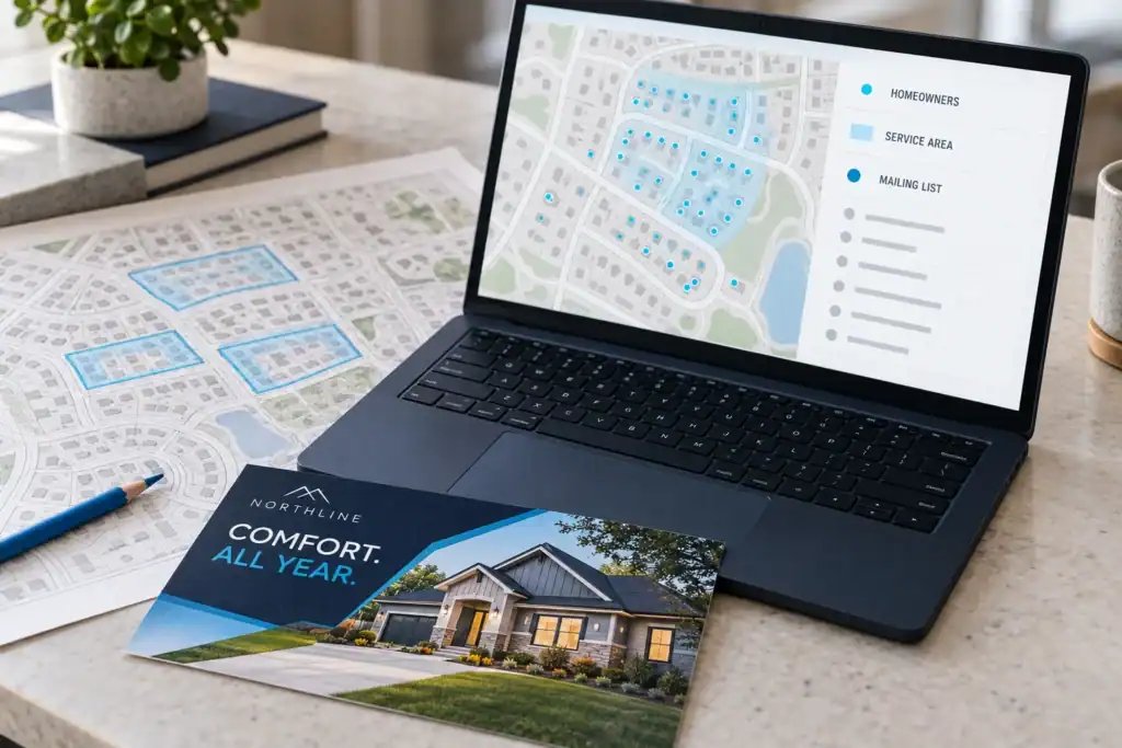 Illustrative household targeting map beside a printed postcard.