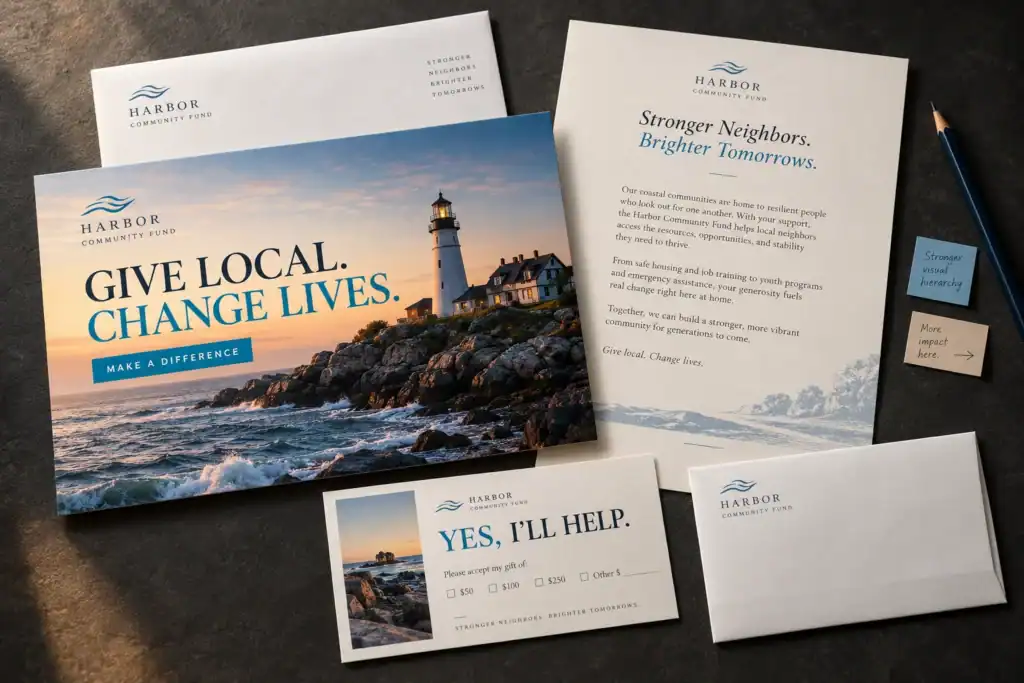 Coordinated sample nonprofit appeal, reply card and envelopes.