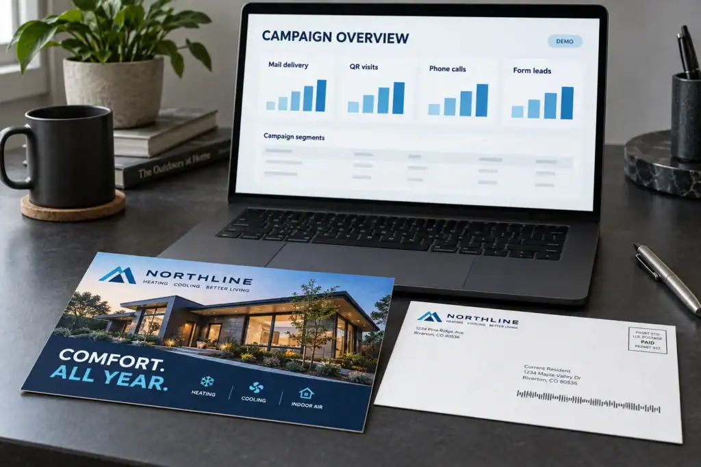 Demo campaign reporting interface with printed postcards.