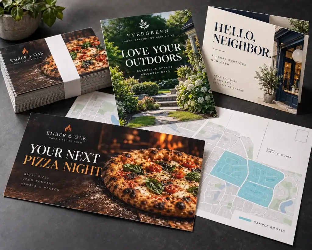 Jumbo postcards for local businesses with a sample neighborhood mailing route plan.