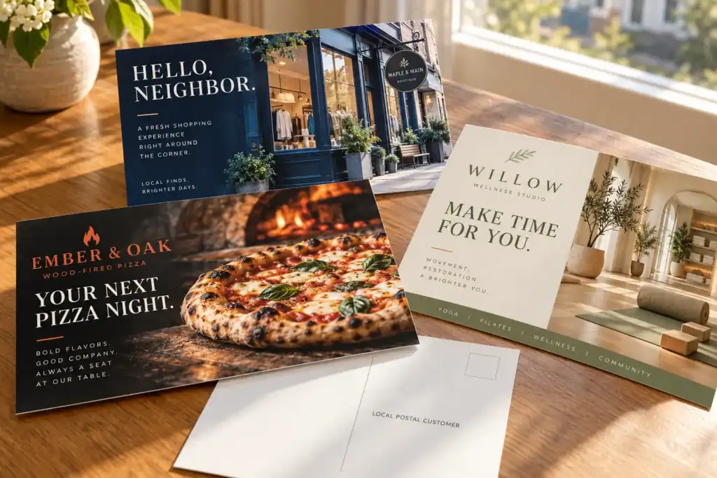 Restaurant, wellness and retail mailers designed to reach nearby households.