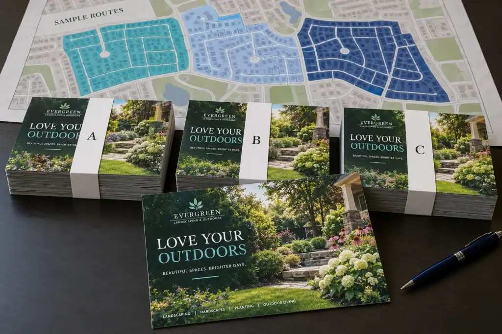 Landscaping postcard bundles organized for three sample neighborhood routes.