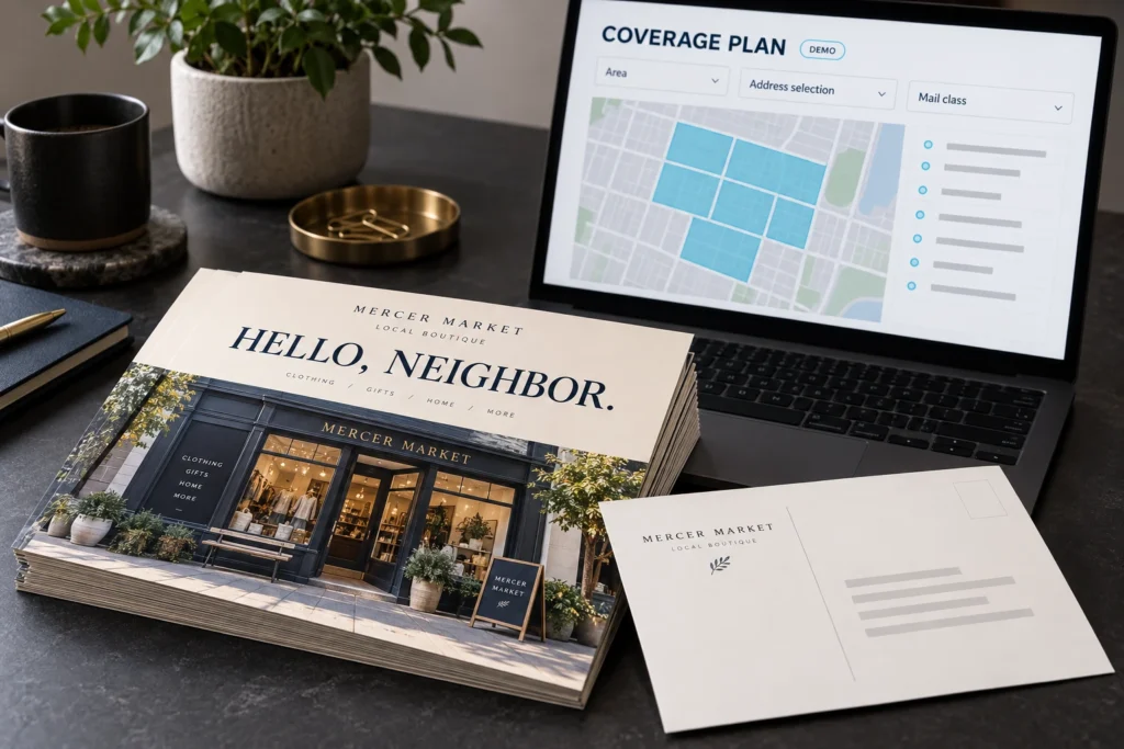 Retail postcards beside a demonstration saturation mailing coverage plan.
