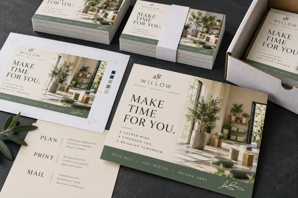 A wellness mailing campaign from print proof to prepared postcard bundles.