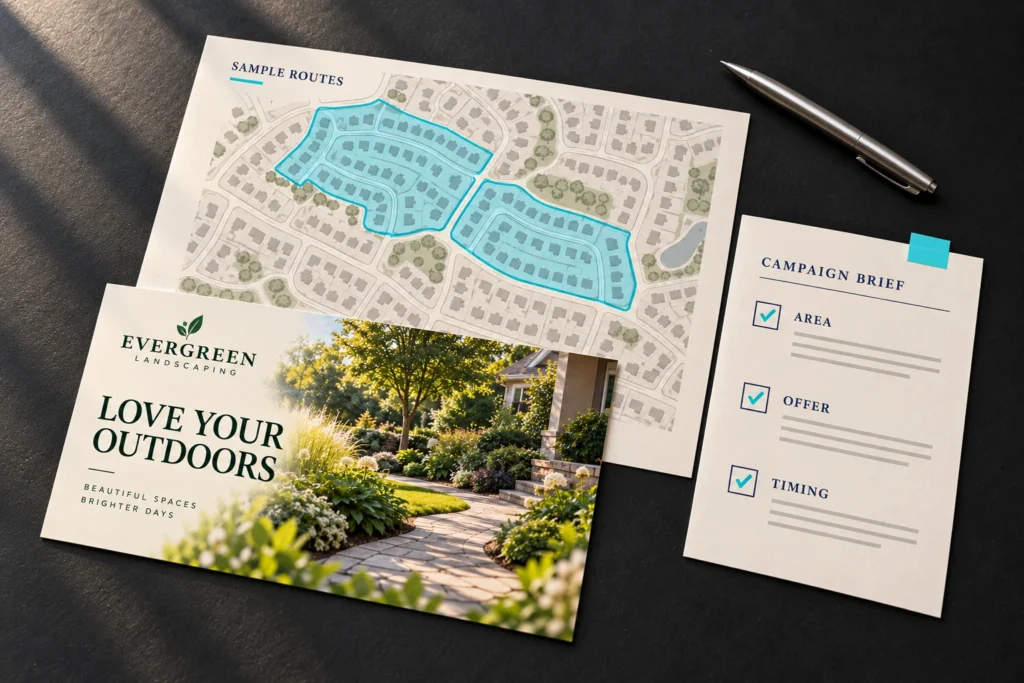 Sample neighborhood routes, campaign brief and landscaping postcard.