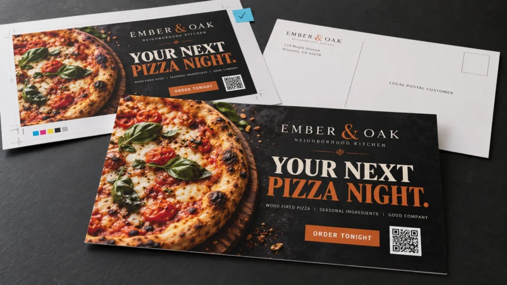 Restaurant jumbo postcard front, mailing side and print proof.