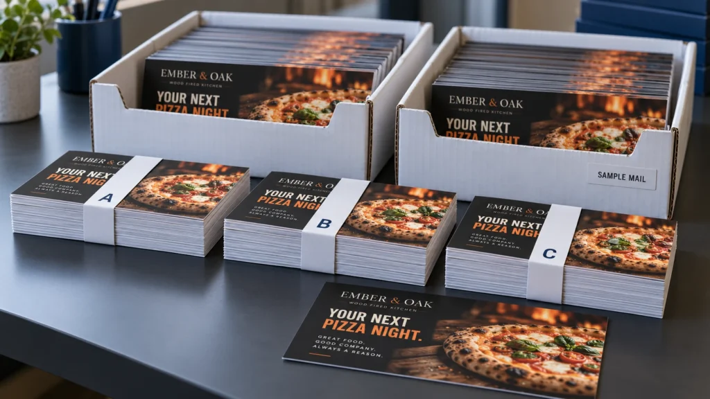 Restaurant postcard bundles and trays prepared for a sample neighborhood mailing.