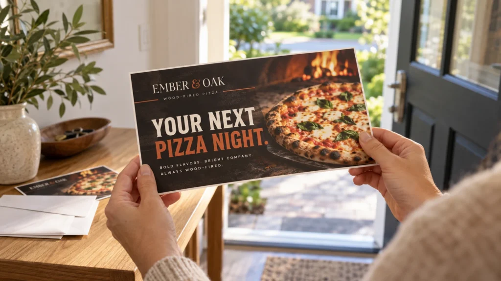 A resident reading a restaurant postcard delivered to their home.