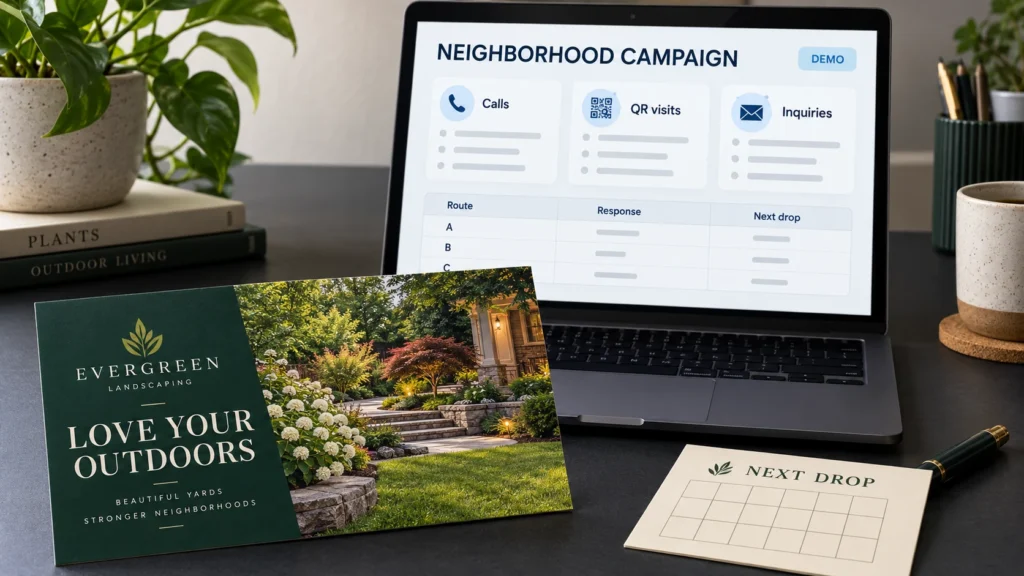 Landscaping postcard with a demonstration neighborhood campaign report.