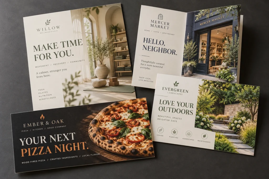 Jumbo postcards, a folded self-mailer and a larger flyer for neighborhood marketing.