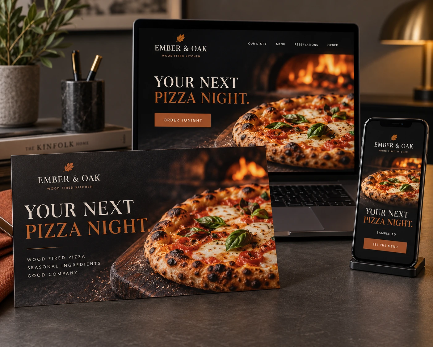 A coordinated restaurant campaign across a mailed postcard, website and mobile ad.