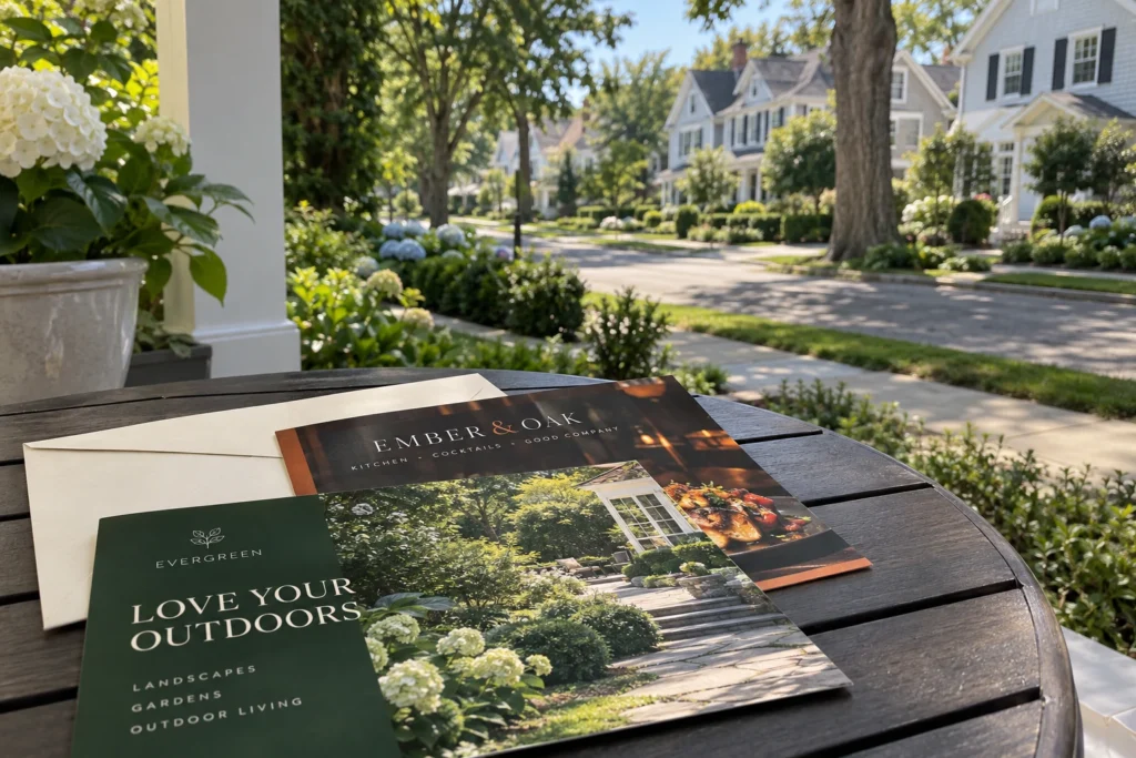 Local business mailers on a porch table overlooking a northeastern neighborhood.
