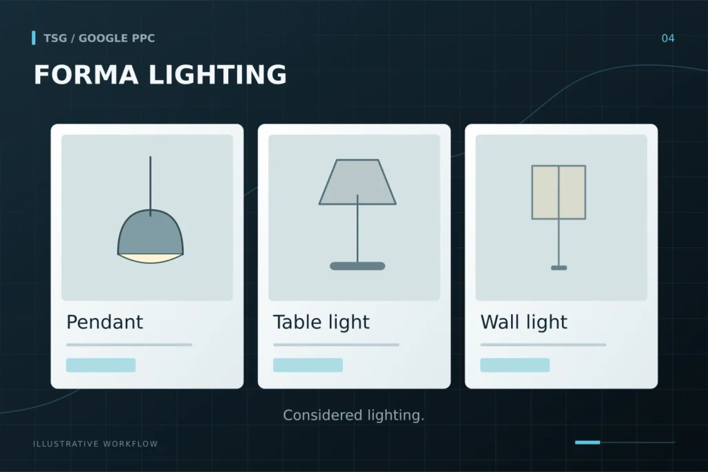 Performance Max and Shopping: FORMA LIGHTING, Considered lighting., Pendant, Table light, Wall light.
