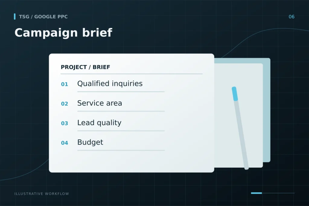 Interview and goal setting: Campaign brief, Qualified inquiries, Service area, Lead quality, Budget.