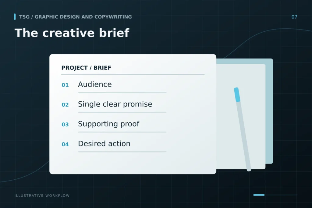 Strategy and message: The creative brief, Audience, Single clear promise, Supporting proof, Desired action.
