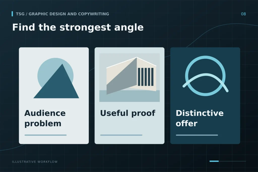 Competitive scan and angles: Find the strongest angle, Audience problem, Useful proof, Distinctive offer, Creative direction.