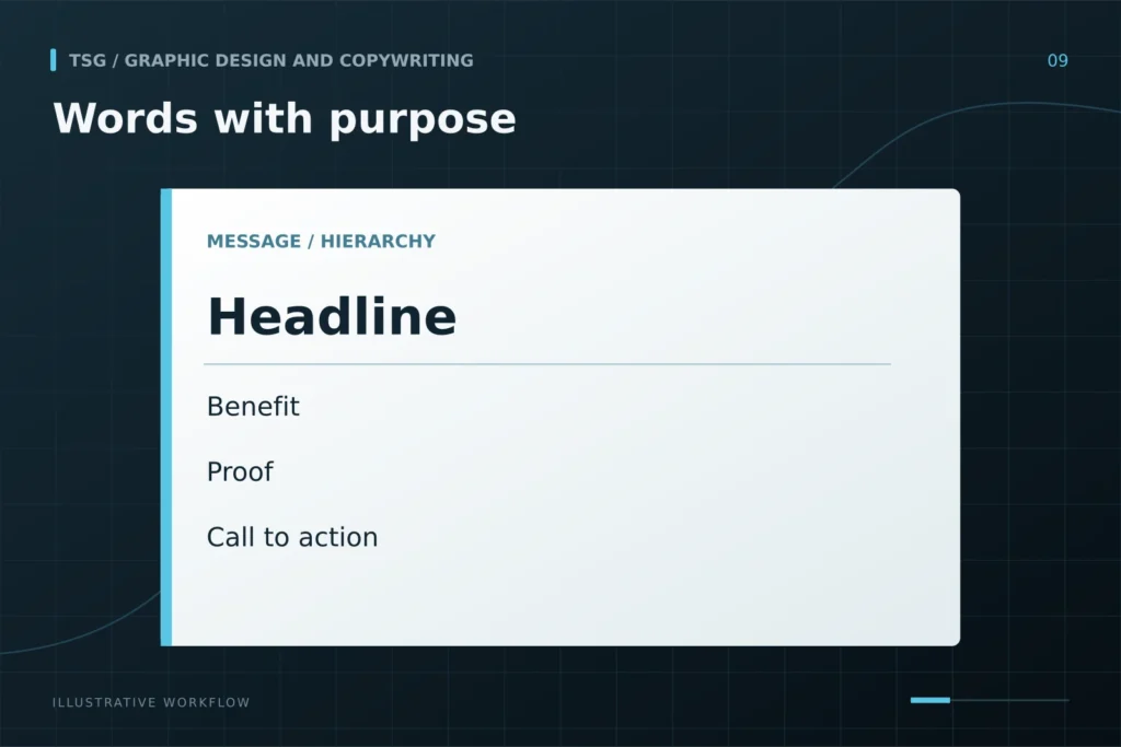 Copy framework and layout: Words with purpose, Headline, Benefit, Proof, Call to action.