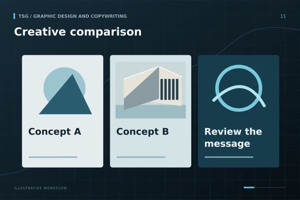 Testing and iteration: Creative comparison, Concept A, Concept B, Review the message, Refine the next version.
