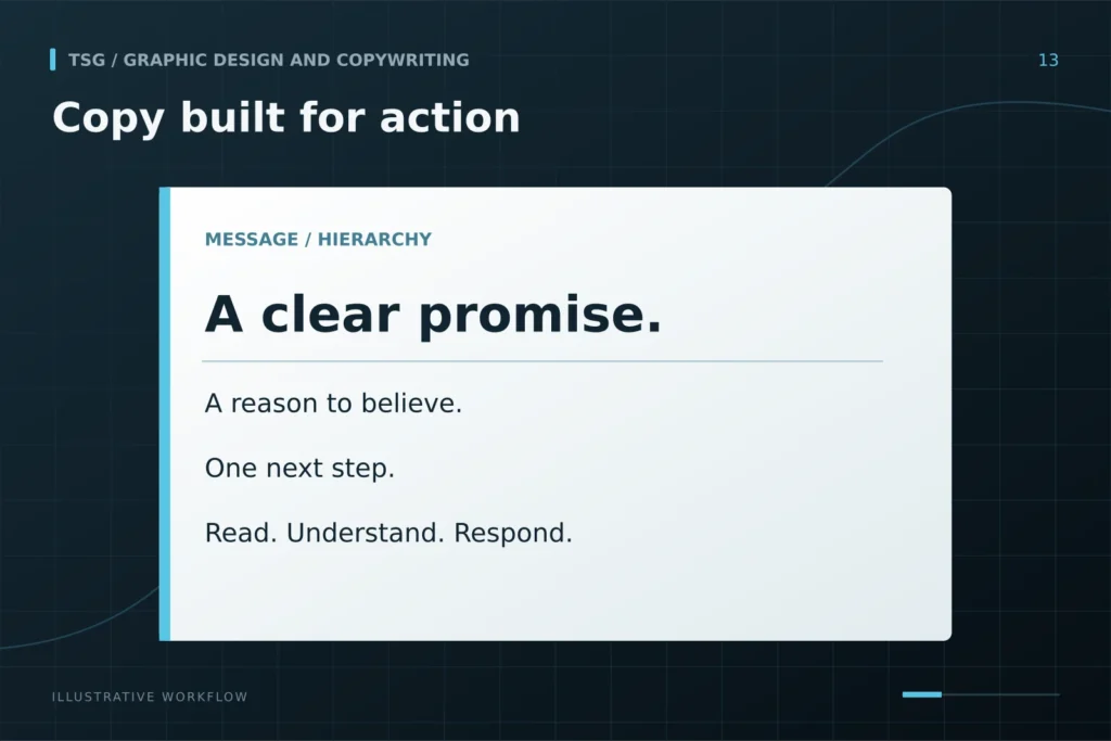 Copywriting that supports response: Copy built for action, A clear promise., A reason to believe., One next step., Read. Understand. Respond..