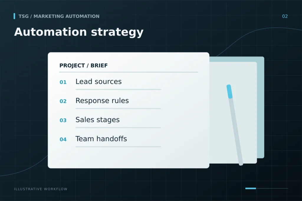 Discovery and strategy: Automation strategy, Lead sources, Response rules, Sales stages, Team handoffs.