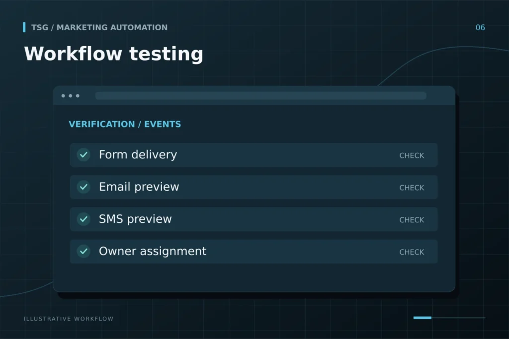 Testing and launch: Workflow testing, Form delivery, Email preview, SMS preview, Owner assignment.