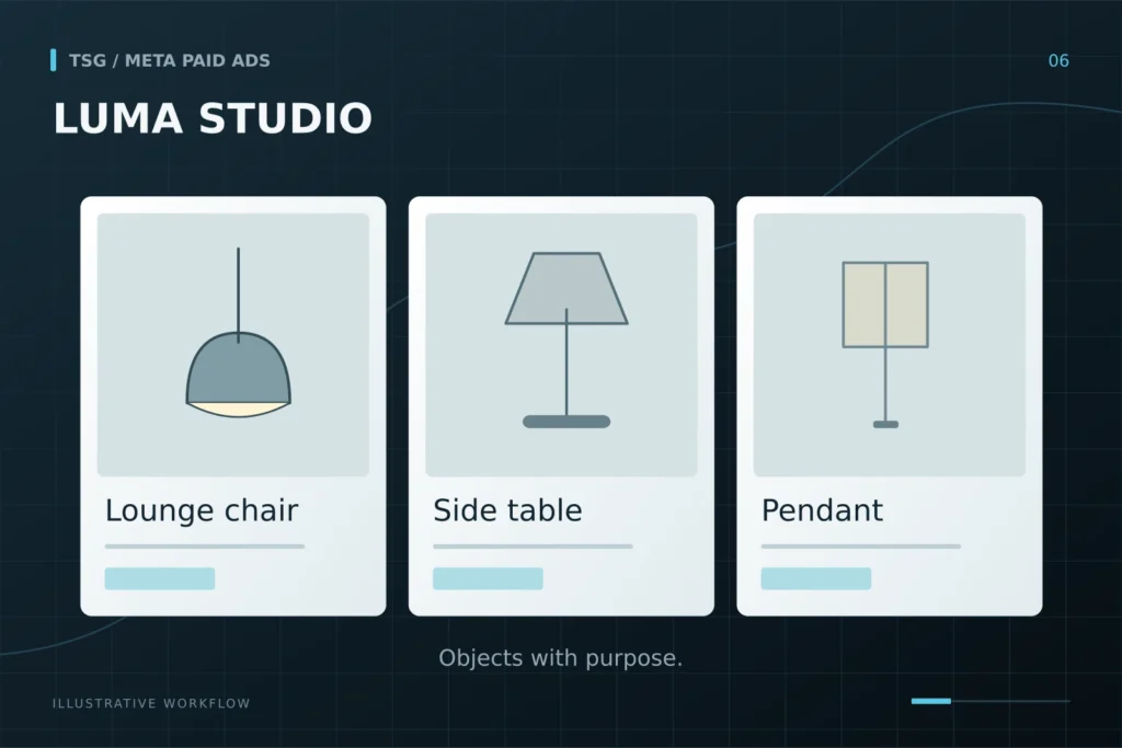 Catalog and shop ads: LUMA STUDIO, Objects with purpose., Lounge chair, Side table, Pendant.