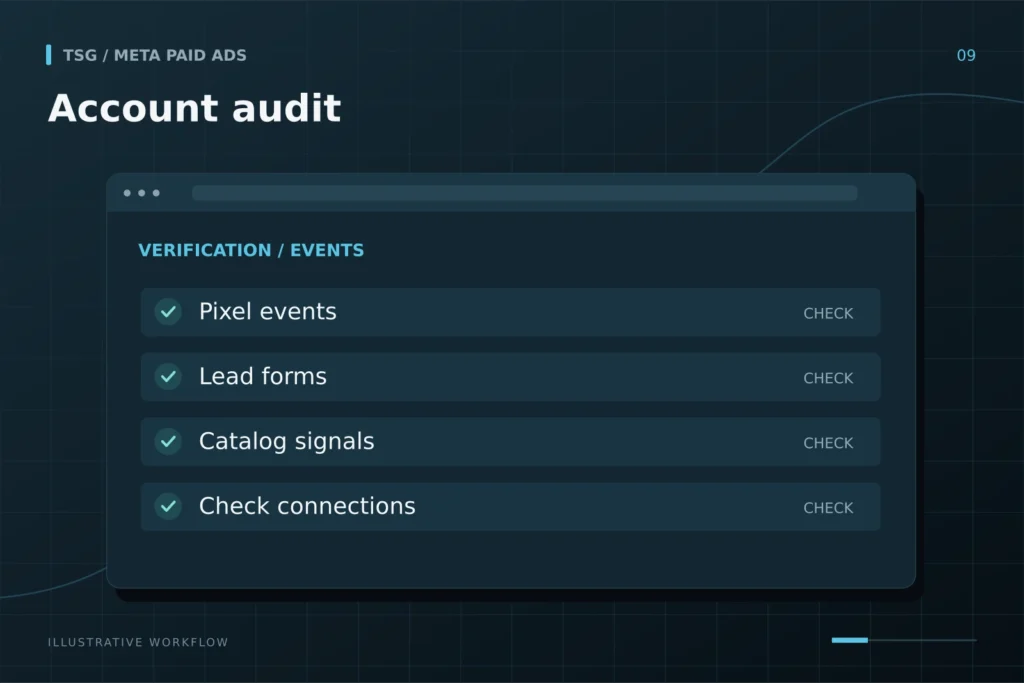 Account and pixel audit: Account audit, Pixel events, Lead forms, Catalog signals, Check connections.