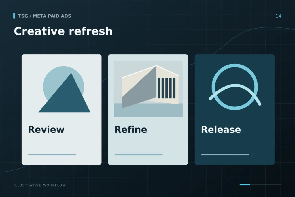 Optimization and creative refresh: Creative refresh, Review, Refine, Release, Keep the campaign fresh.