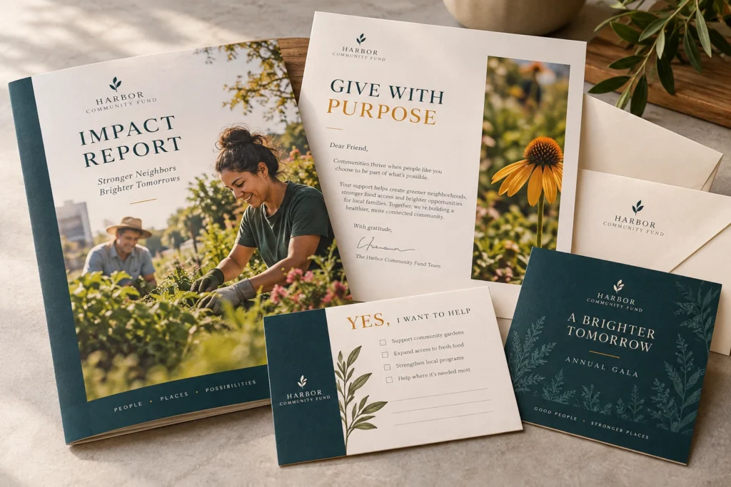 An illustrative nonprofit impact report, appeal letter, reply card and gala invitation.