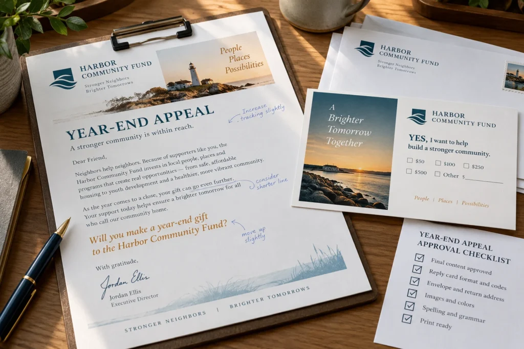 A year-end appeal proof, reply card and approval checklist.