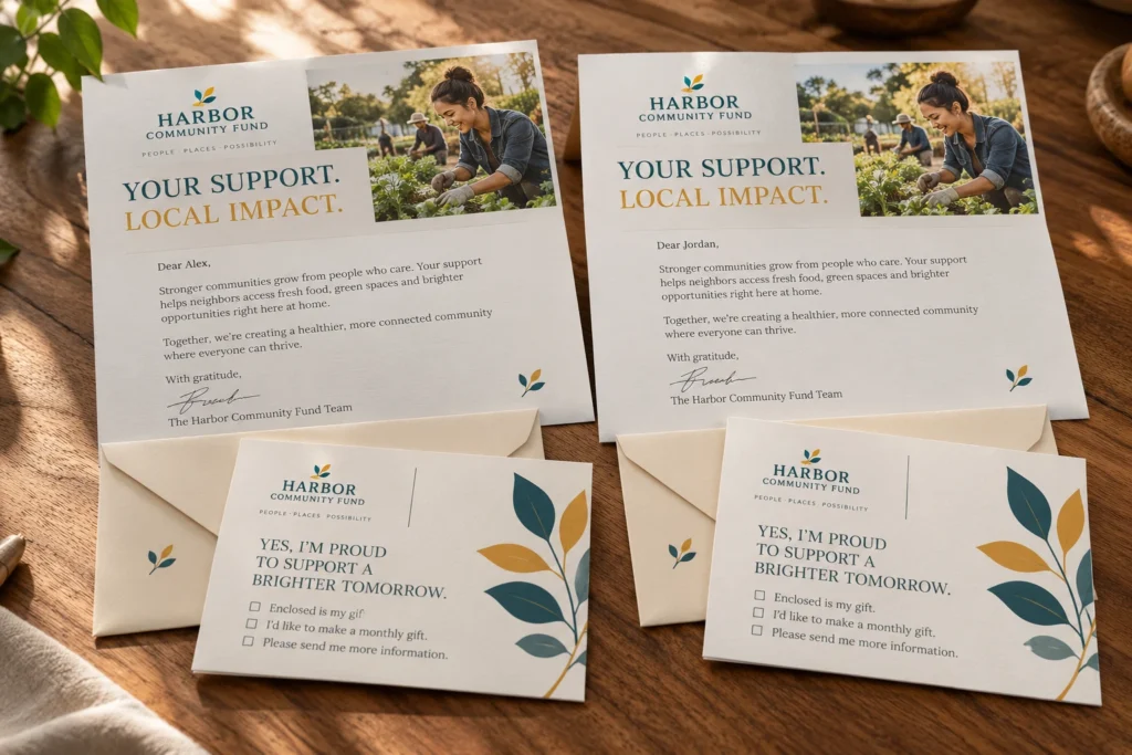 Two personalized nonprofit appeal packages with matching reply cards and envelopes.