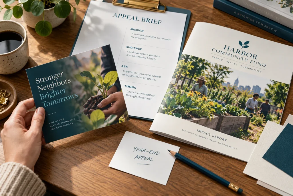 An appeal planning brief with a community impact report and paper samples.