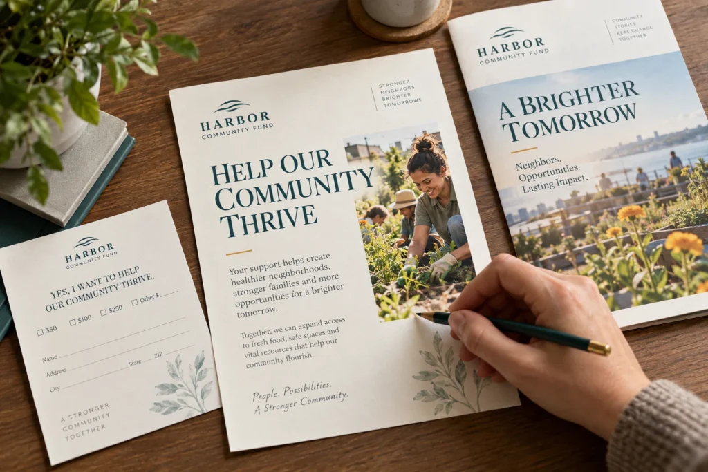 A nonprofit appeal letter and reply card being reviewed for print.
