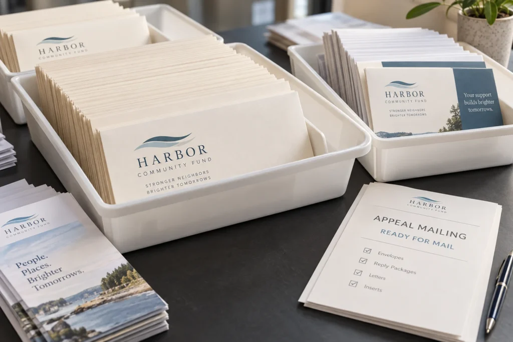 Nonprofit appeal envelopes bundled in trays for mailing preparation.