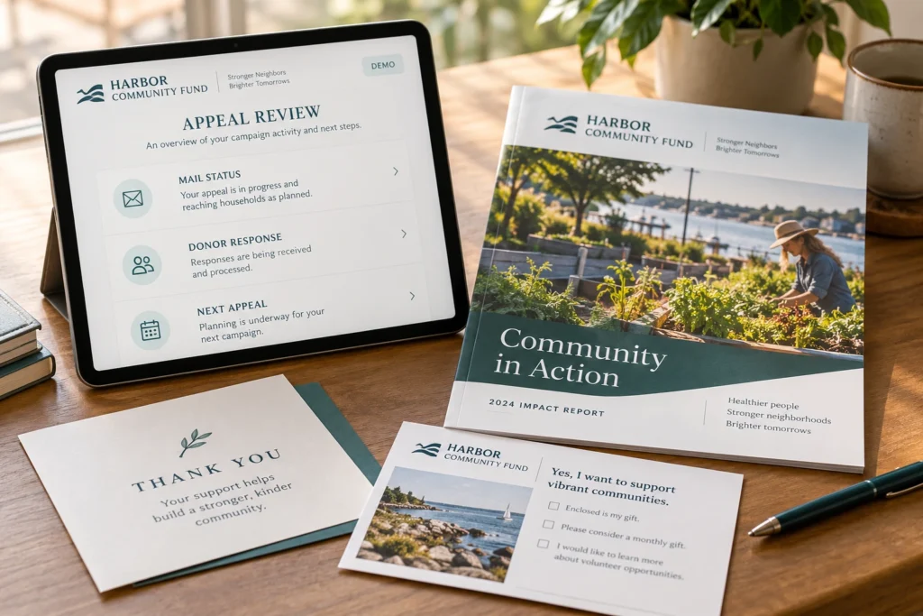 A demonstration appeal review screen beside an impact report and thank-you note.