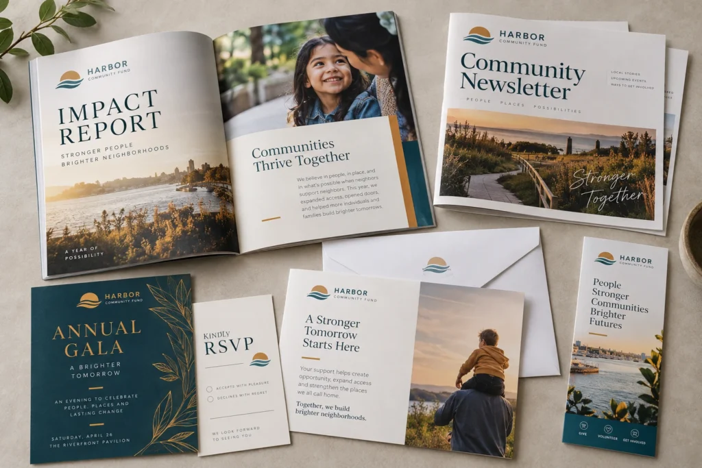 An annual report, newsletter, gala invitation, appeal letter and outreach rack card.