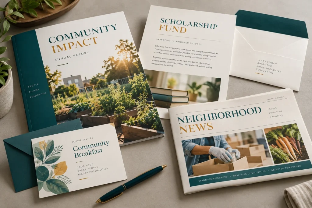 Community, scholarship and neighborhood publications with coordinated envelopes.
