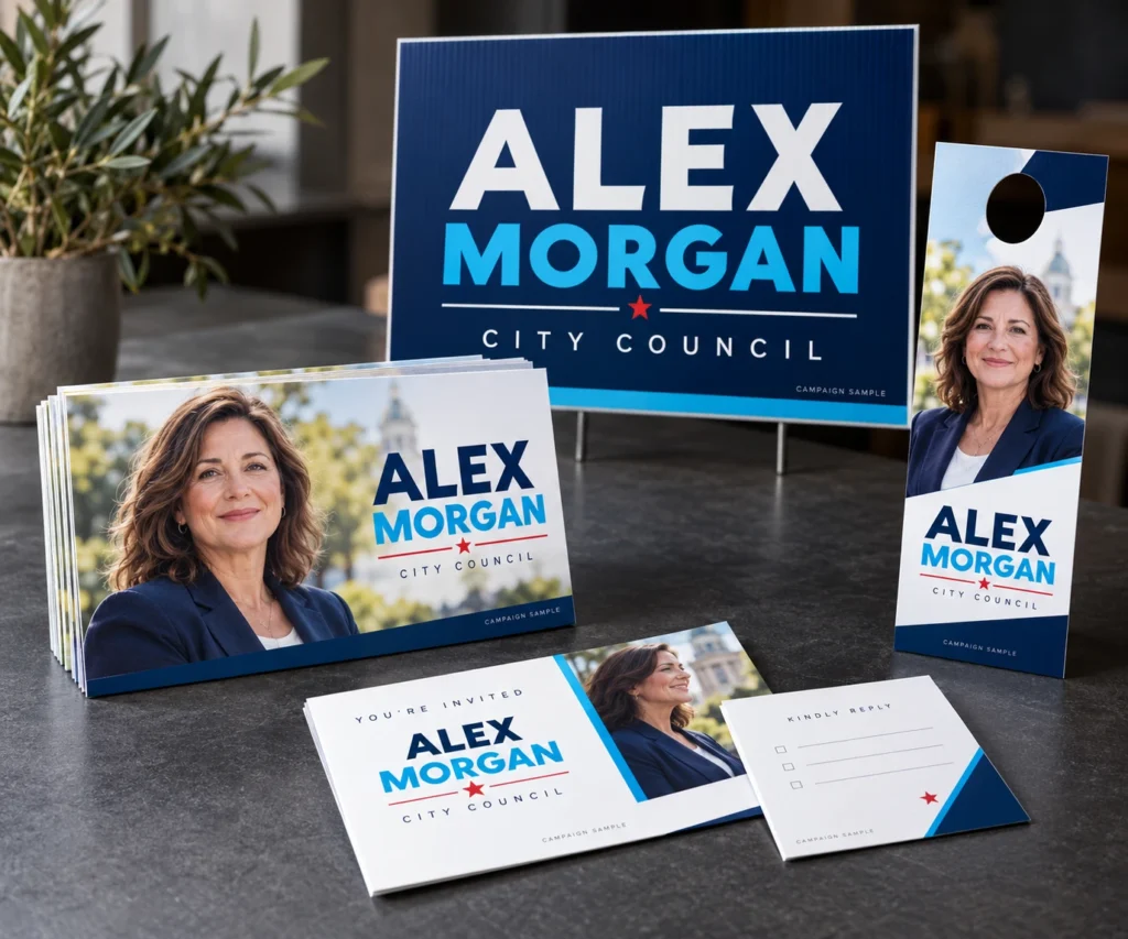 A fictional campaign print collection with postcards, palm cards, a door hanger and yard sign.