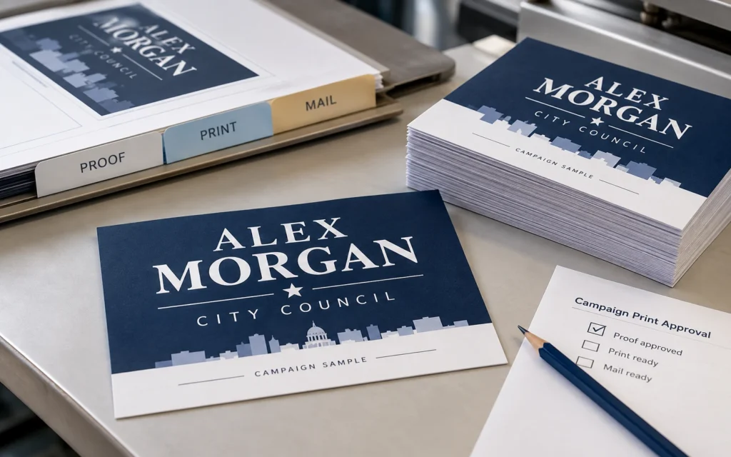 A sample campaign proof and finished cards beside a print approval folder.