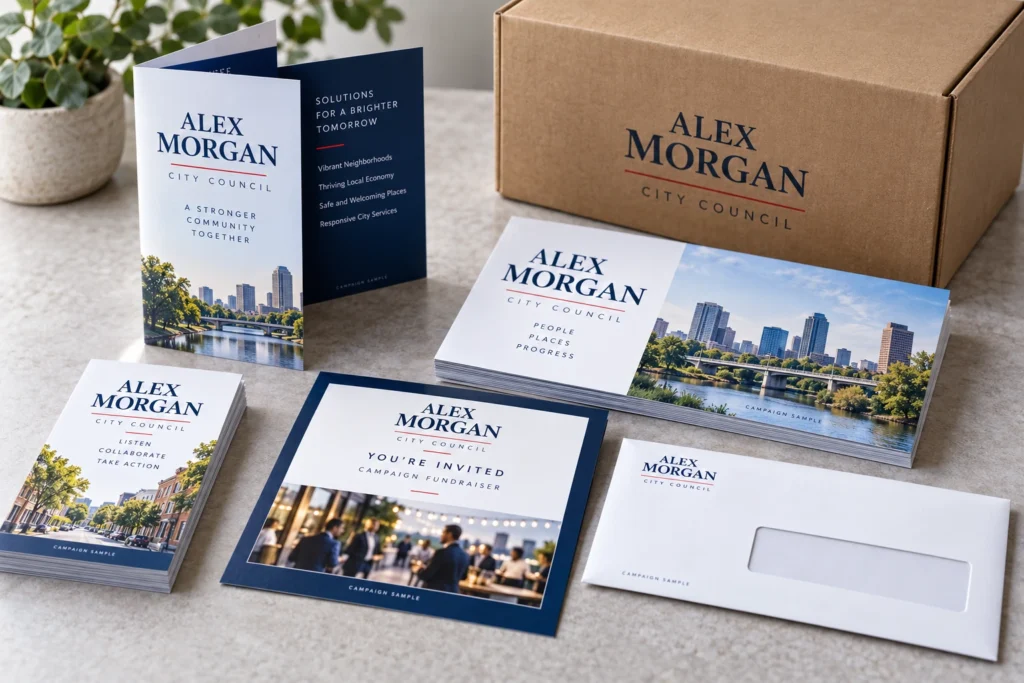 Coordinated sample campaign postcards, palm cards, an invitation and mailing envelope.