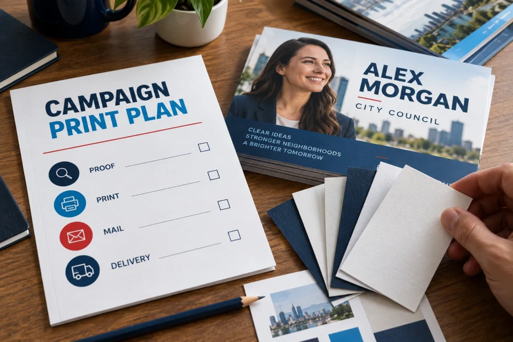 A campaign print planning brief with a sample postcard and paper stocks.